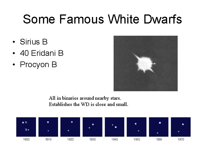 Some Famous White Dwarfs • Sirius B • 40 Eridani B • Procyon B