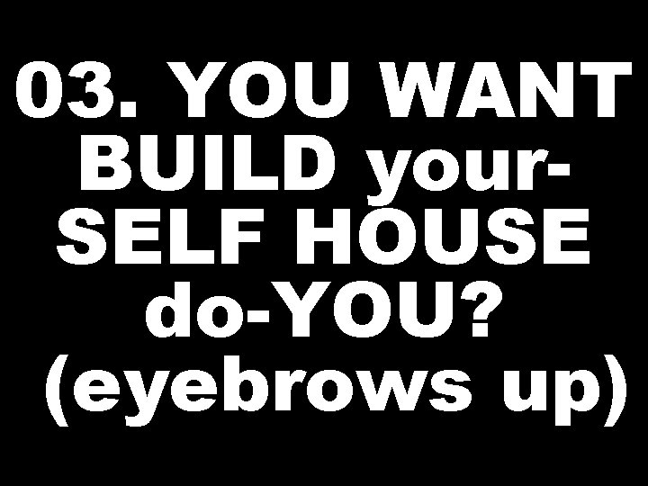 03. YOU WANT BUILD your. SELF HOUSE do-YOU? (eyebrows up) 