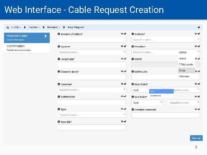 Web Interface - Cable Request Creation 7 