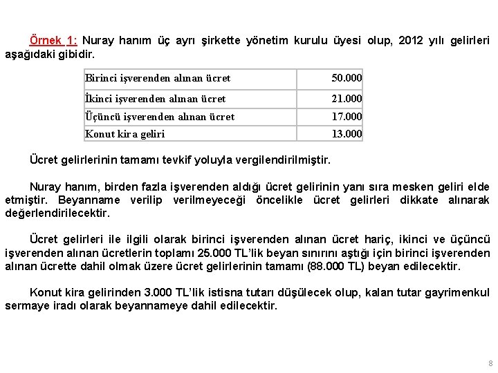 Örnek 1: Nuray hanım üç ayrı şirkette yönetim kurulu üyesi olup, 2012 yılı gelirleri