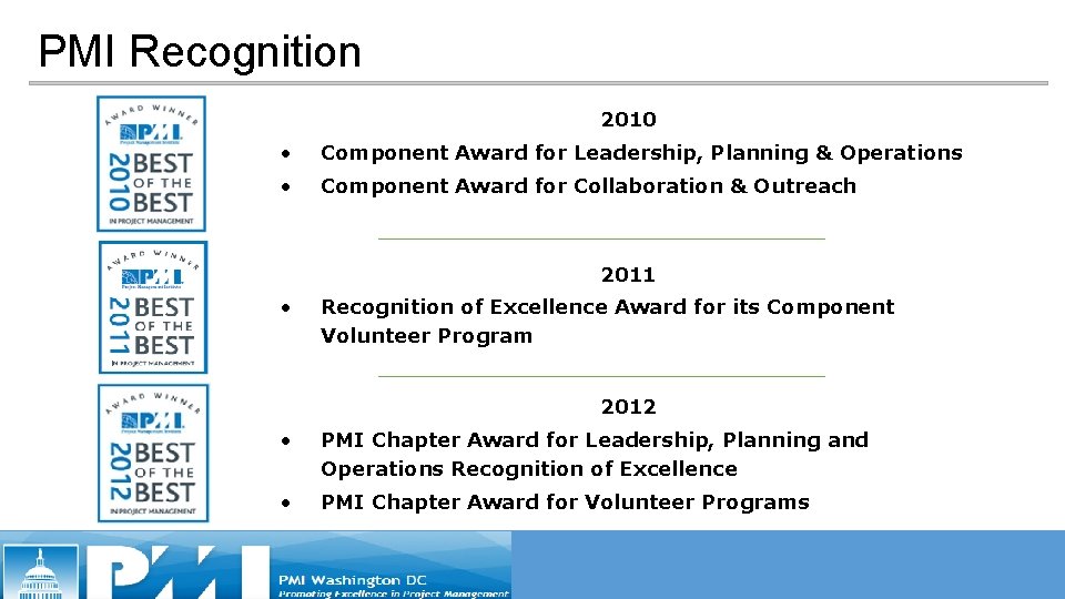 PMI Recognition 2010 • Component Award for Leadership, Planning & Operations • Component Award PMI Recognition 2010 • Component Award for Leadership, Planning & Operations • Component Award