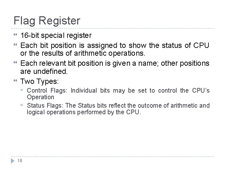 Flag Register 16 -bit special register Each bit position is assigned to show the