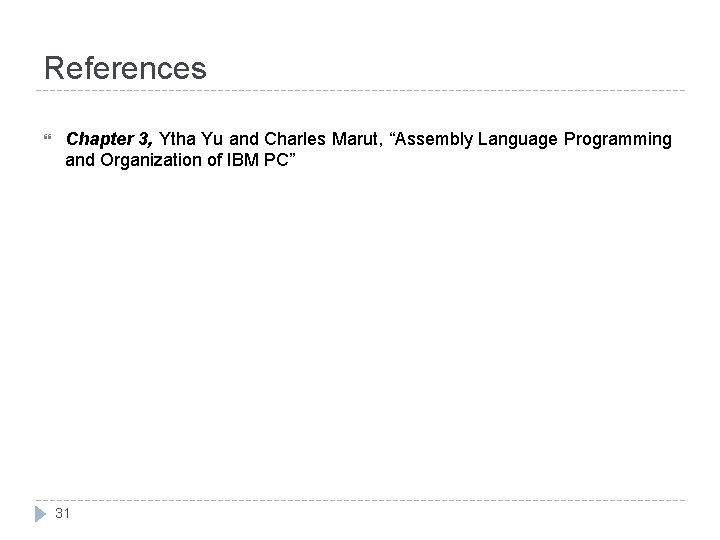 References Chapter 3, Ytha Yu and Charles Marut, “Assembly Language Programming and Organization of