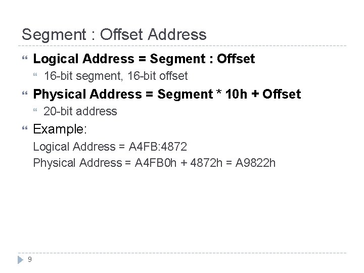 Segment : Offset Address Logical Address = Segment : Offset 16 -bit segment, 16