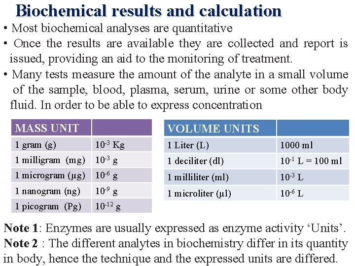 Biochemical results and calculation • Most biochemical analyses are quantitative • Once the results