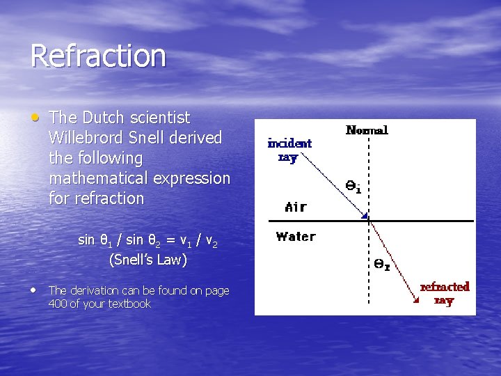 Refraction • The Dutch scientist Willebrord Snell derived the following mathematical expression for refraction
