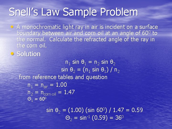 Snell’s Law Sample Problem • A monochromatic light ray in air is incident on