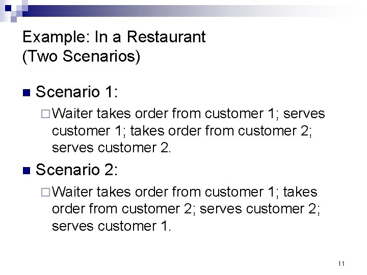 Example: In a Restaurant (Two Scenarios) n Scenario 1: ¨ Waiter takes order from