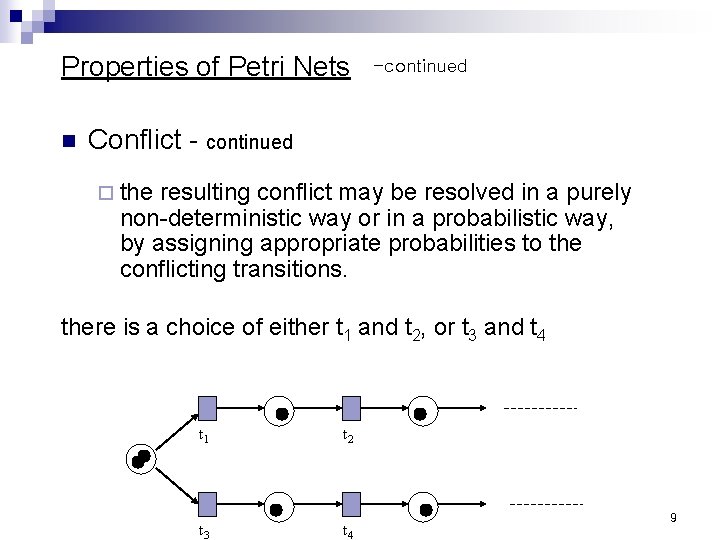 Properties of Petri Nets n -continued Conflict - continued ¨ the resulting conflict may