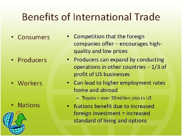 Benefits of International Trade • Consumers • Producers • Workers • Nations • Competition