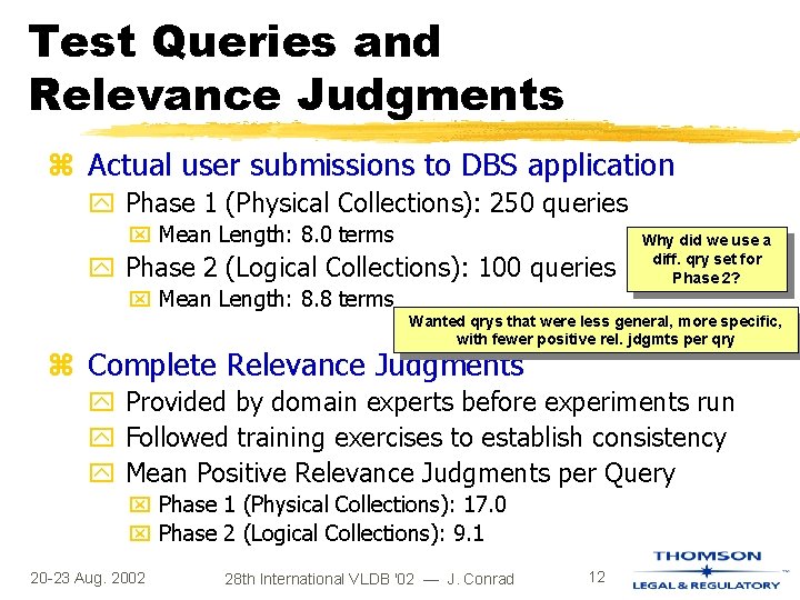 Test Queries and Relevance Judgments z Actual user submissions to DBS application y Phase Test Queries and Relevance Judgments z Actual user submissions to DBS application y Phase