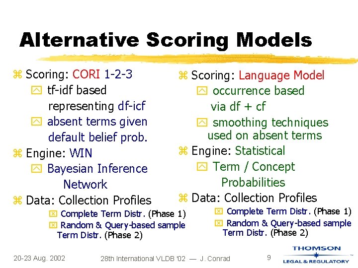 Alternative Scoring Models z Scoring: CORI 1 -2 -3 y tf-idf based representing df-icf Alternative Scoring Models z Scoring: CORI 1 -2 -3 y tf-idf based representing df-icf