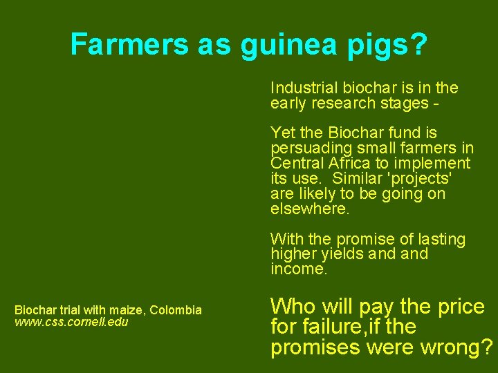 Farmers as guinea pigs? Industrial biochar is in the early research stages Yet the