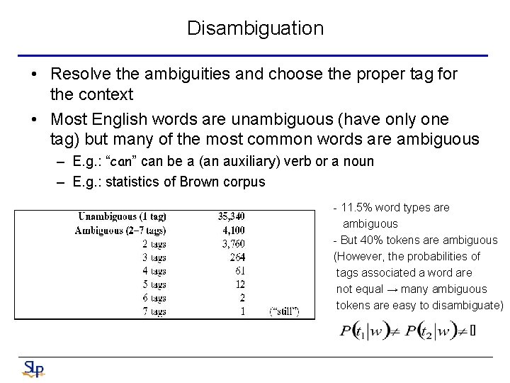 Disambiguation • Resolve the ambiguities and choose the proper tag for the context •