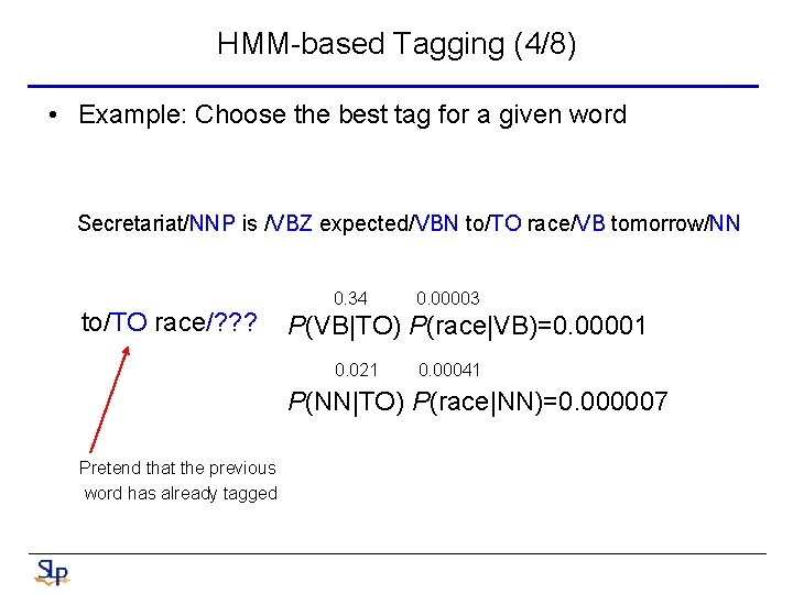 HMM-based Tagging (4/8) • Example: Choose the best tag for a given word Secretariat/NNP