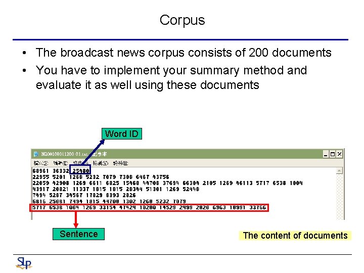 Corpus • The broadcast news corpus consists of 200 documents • You have to