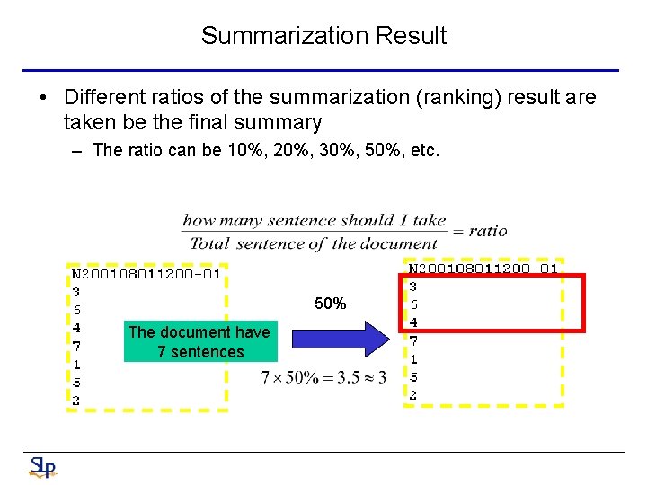 Summarization Result • Different ratios of the summarization (ranking) result are taken be the