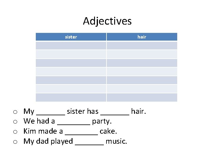 Adjectives sister o o hair My _______ sister has _______ hair. We had a