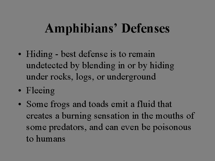 Amphibians’ Defenses • Hiding - best defense is to remain undetected by blending in