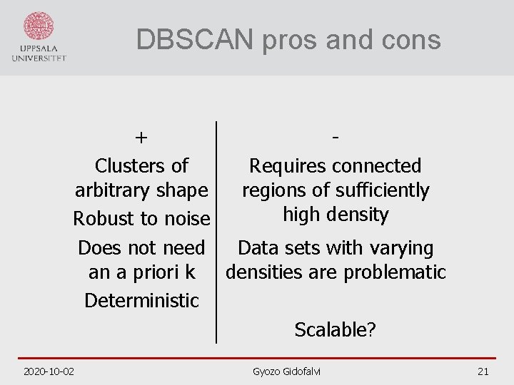 DBSCAN pros and cons + Clusters of Requires connected arbitrary shape regions of sufficiently