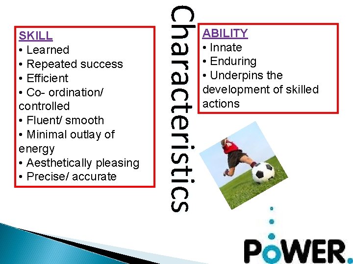 Characteristics SKILL • Learned • Repeated success • Efficient • Co- ordination/ controlled •
