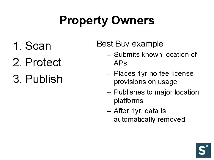 Property Owners 1. Scan 2. Protect 3. Publish Best Buy example – Submits known