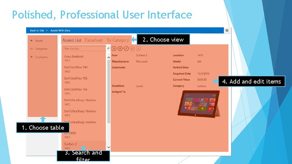 Polished, Professional User Interface 2. Choose view 4. Add and edit items 1. Choose