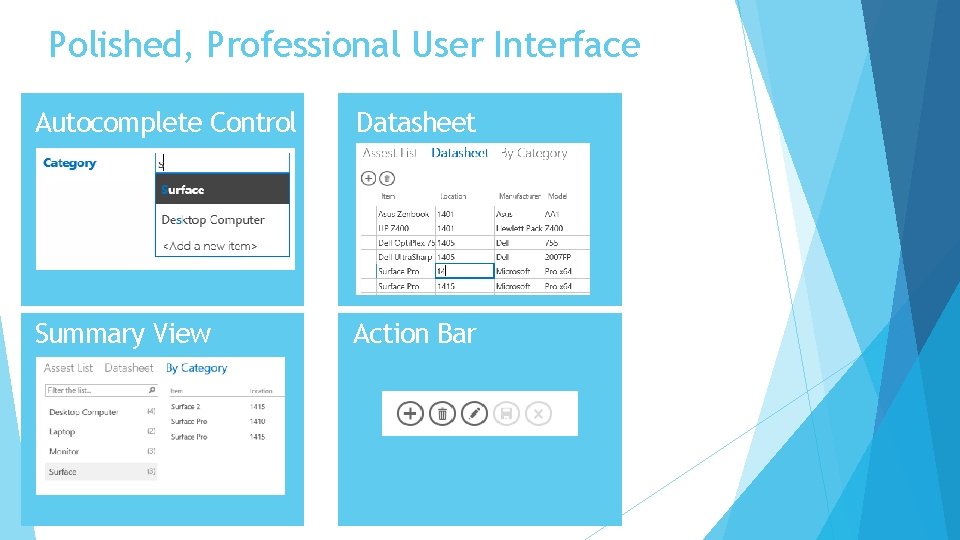 Polished, Professional User Interface Autocomplete Control Datasheet Summary View Action Bar 