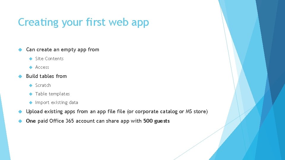 Creating your first web app Can create an empty app from Site Contents Access
