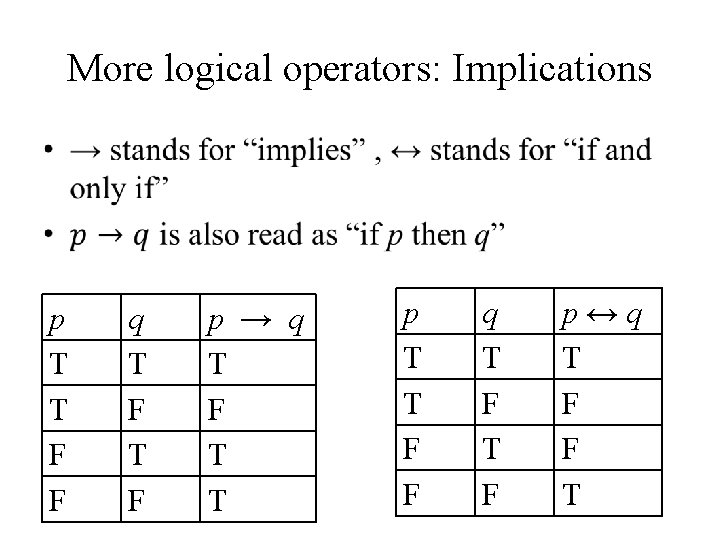 More logical operators: Implications • p T T F F q T F p