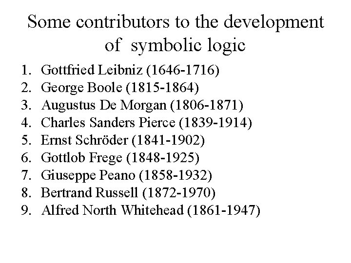 Some contributors to the development of symbolic logic 1. 2. 3. 4. 5. 6.