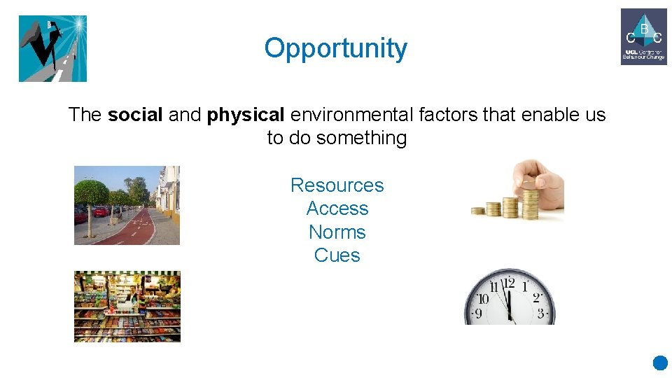 Opportunity The social and physical environmental factors that enable us to do something Resources