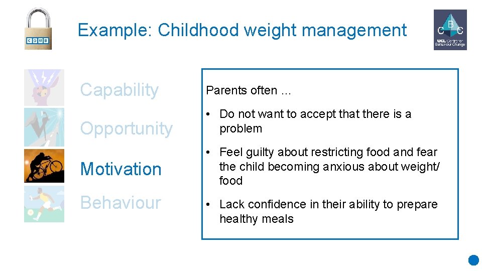 Example: Childhood weight management Capability Parents often … Opportunity • Do not want to