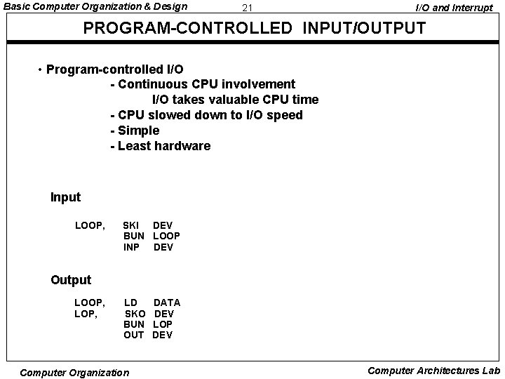 Basic Computer Organization & Design 21 I/O and Interrupt PROGRAM-CONTROLLED INPUT/OUTPUT • Program-controlled I/O