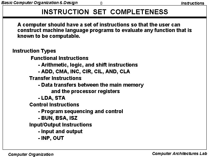 Basic Computer Organization & Design 8 Instructions INSTRUCTION SET COMPLETENESS A computer should have Basic Computer Organization & Design 8 Instructions INSTRUCTION SET COMPLETENESS A computer should have