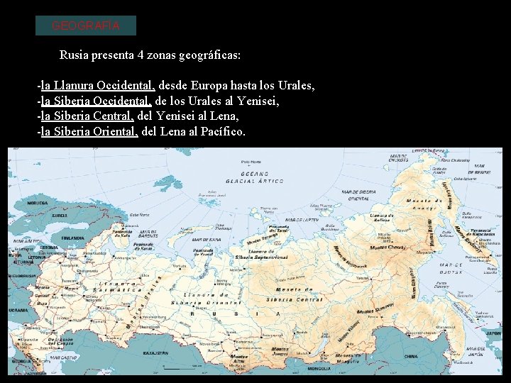 GEOGRAFÍA Rusia presenta 4 zonas geográficas: -la Llanura Occidental, desde Europa hasta los Urales,