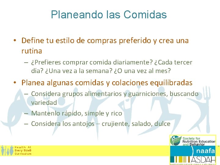 Planeando las Comidas • Define tu estilo de compras preferido y crea una rutina