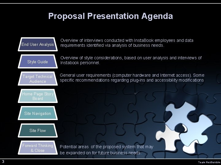 Proposal Presentation Agenda End User Analysis Overview of interviews conducted with Insta. Book employees