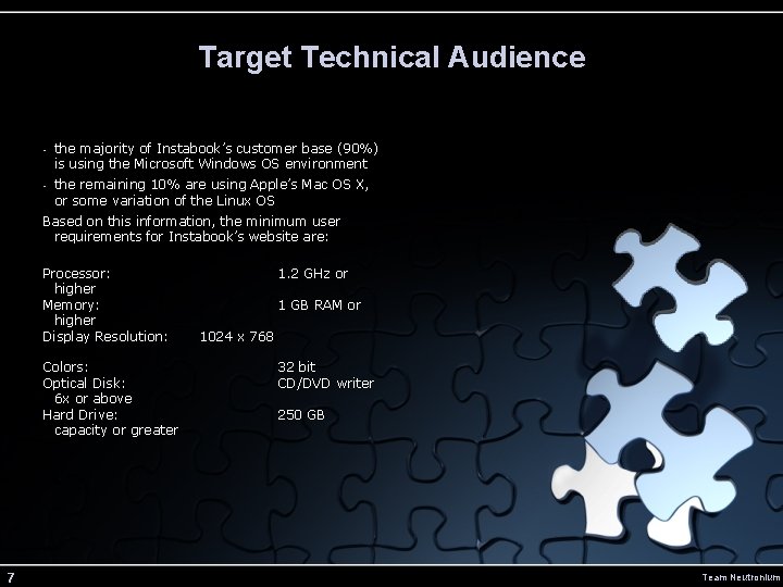 Target Technical Audience • the majority of Instabook’s customer base (90%) is using the