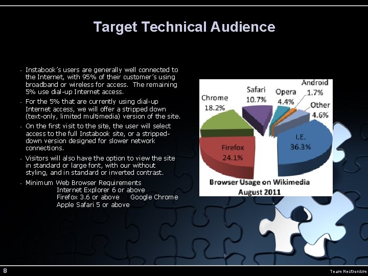 Target Technical Audience 8 • Instabook’s users are generally well connected to the Internet,