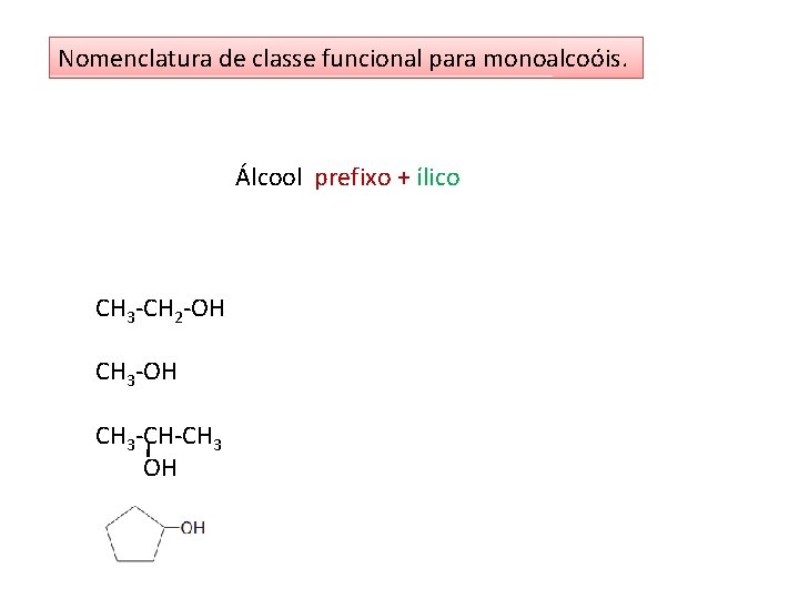 Nomenclatura de classe funcional para monoalcoóis. Álcool prefixo + ílico CH 3 -CH 2