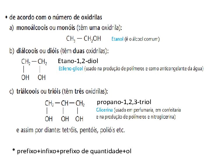 Etano-1, 2 -diol propano-1, 2, 3 -triol * prefixo+infixo+prefixo de quantidade+ol 