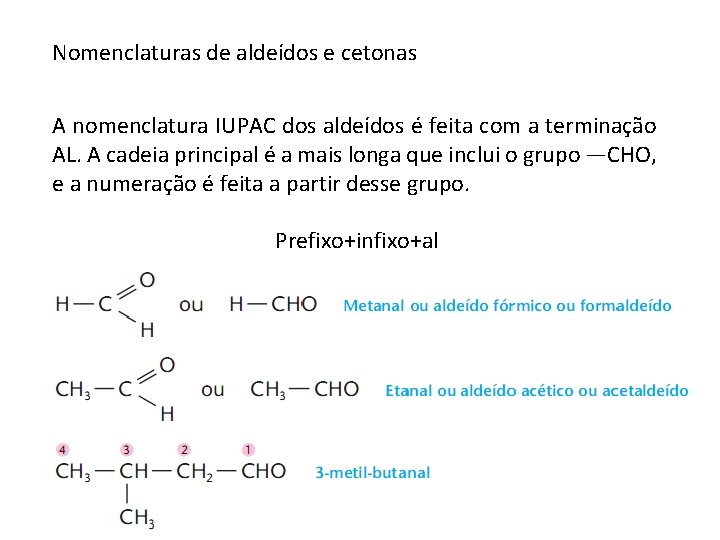 Nomenclaturas de aldeídos e cetonas A nomenclatura IUPAC dos aldeídos é feita com a