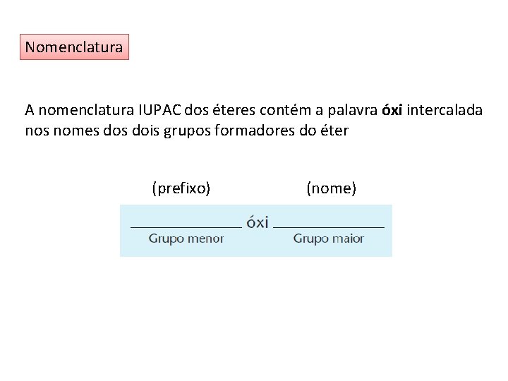 Nomenclatura A nomenclatura IUPAC dos éteres contém a palavra óxi intercalada nos nomes dois