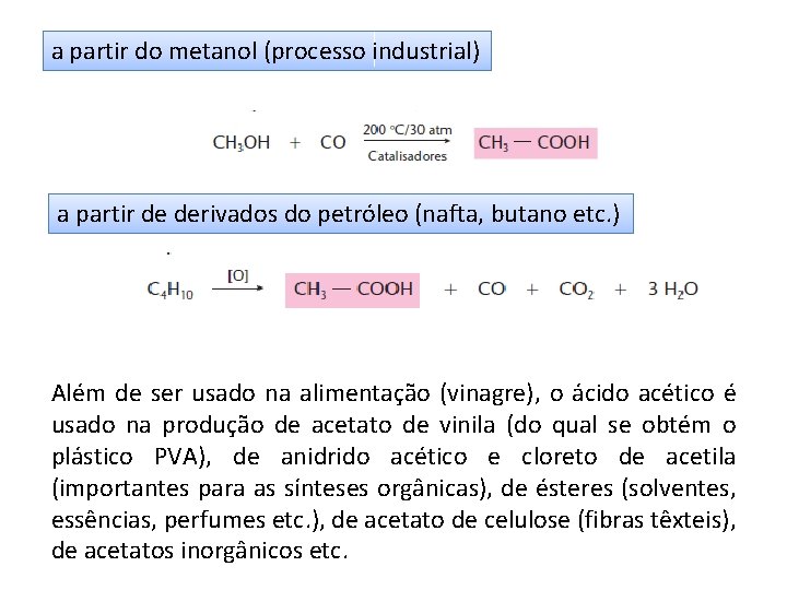 a partir do metanol (processo industrial) a partir de derivados do petróleo (nafta, butano