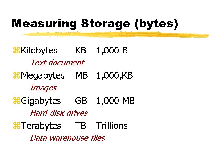 Measuring Storage (bytes) z. Kilobytes KB 1, 000 B Text document z. Megabytes MB