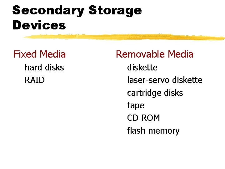 Secondary Storage Devices Fixed Media hard disks RAID Removable Media diskette laser-servo diskette cartridge Secondary Storage Devices Fixed Media hard disks RAID Removable Media diskette laser-servo diskette cartridge