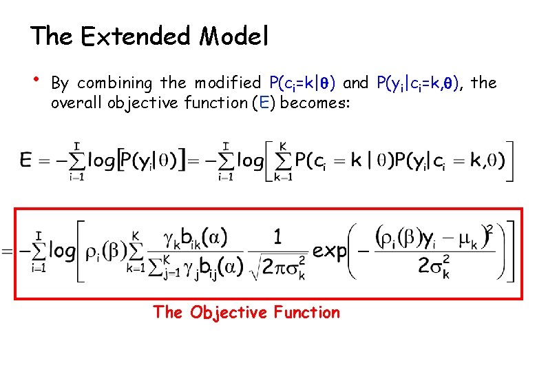 The Extended Model • By combining the modified P(ci=k|q) and P(yi|ci=k, q), the overall