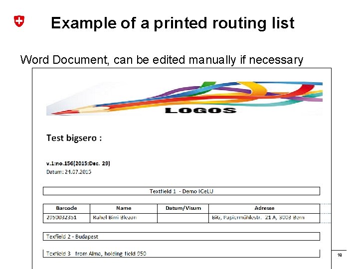 Example of a printed routing list Word Document, can be edited manually if necessary