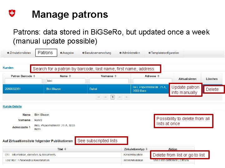Manage patrons Patrons: data stored in Bi. GSe. Ro, but updated once a week